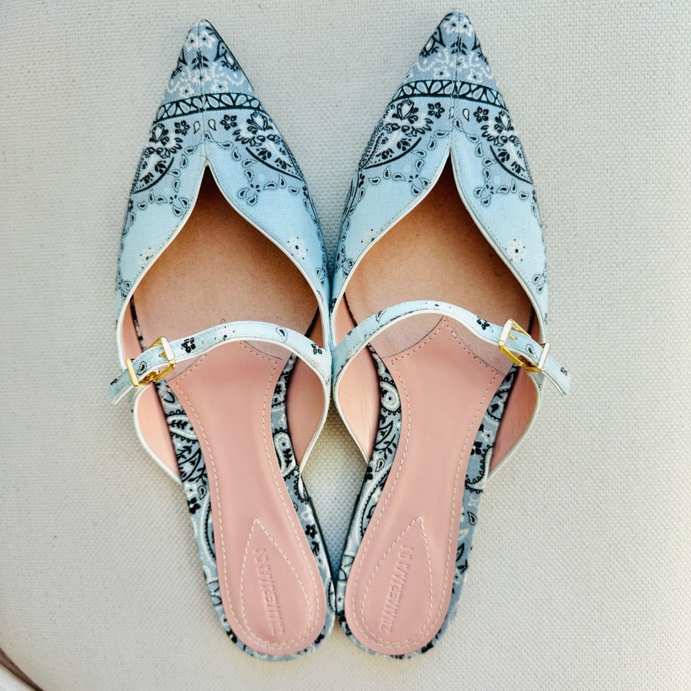 NEW $875 Zimmerman Aura Linen Leather Blue Paisley-Print Pointed Toe Mules 8.5 - Picture 8 of 16